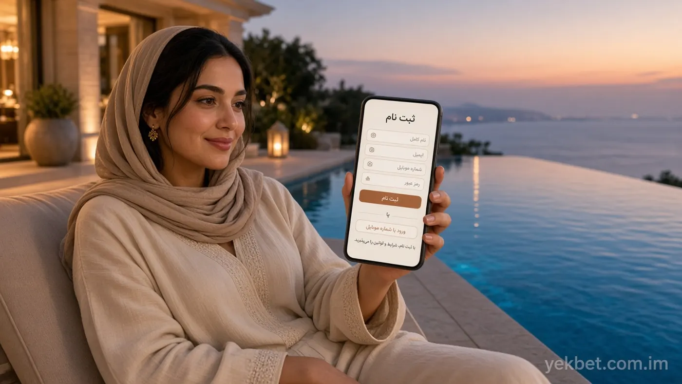 کاربر کنار استخر در حال مشاهده فرم ثبت‌نام یک بت روی گوشی
